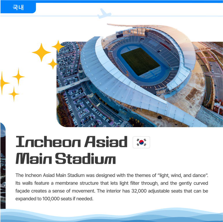 Incheon Asiad Main Stadium The Incheon Asiad Main Stadium was designed with the themes of “light, wind, and dance”. Its walls feature a membrane structure that lets light filter through, and the gently curved façade creates a sense of movement. The interior has 32,000 adjustable seats that can be expanded to 100,000 seats if needed.